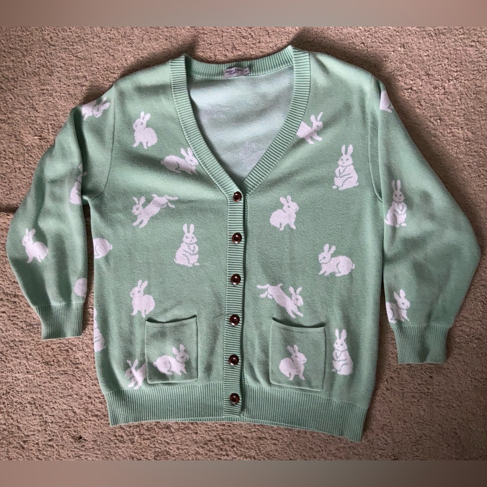 Atelier Heidi Forest Girl Clothing Green & White Bunny Rabbit Cardigan